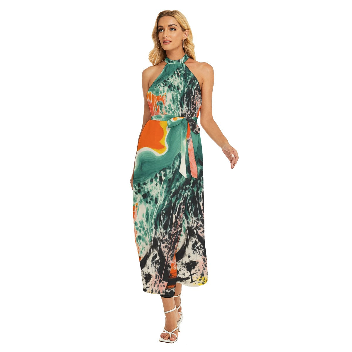 All-Over Print Women's Wrap Hem Belted Halter Dress