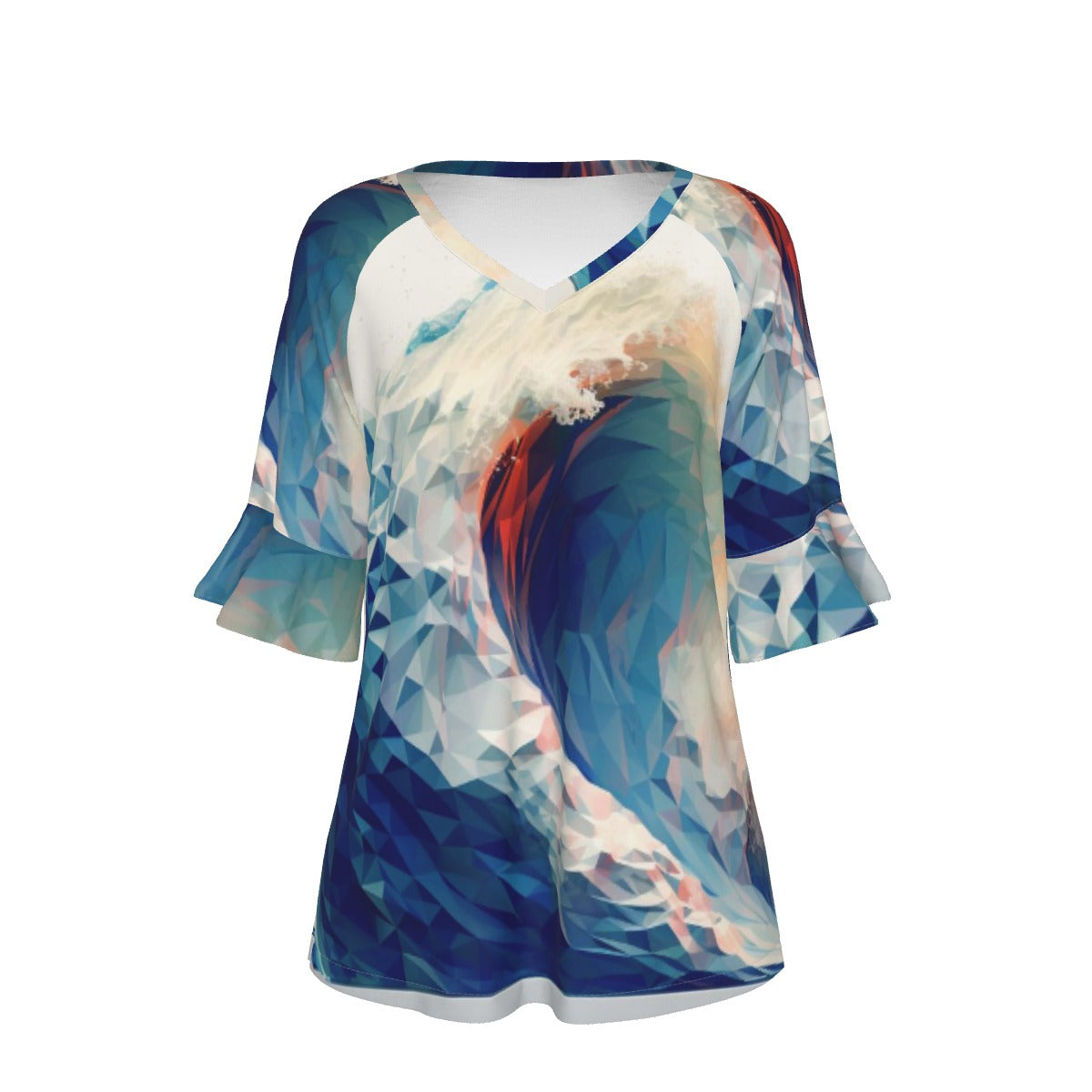 All-Over Print V-neck Women's T-shirt With Bell Sleeve