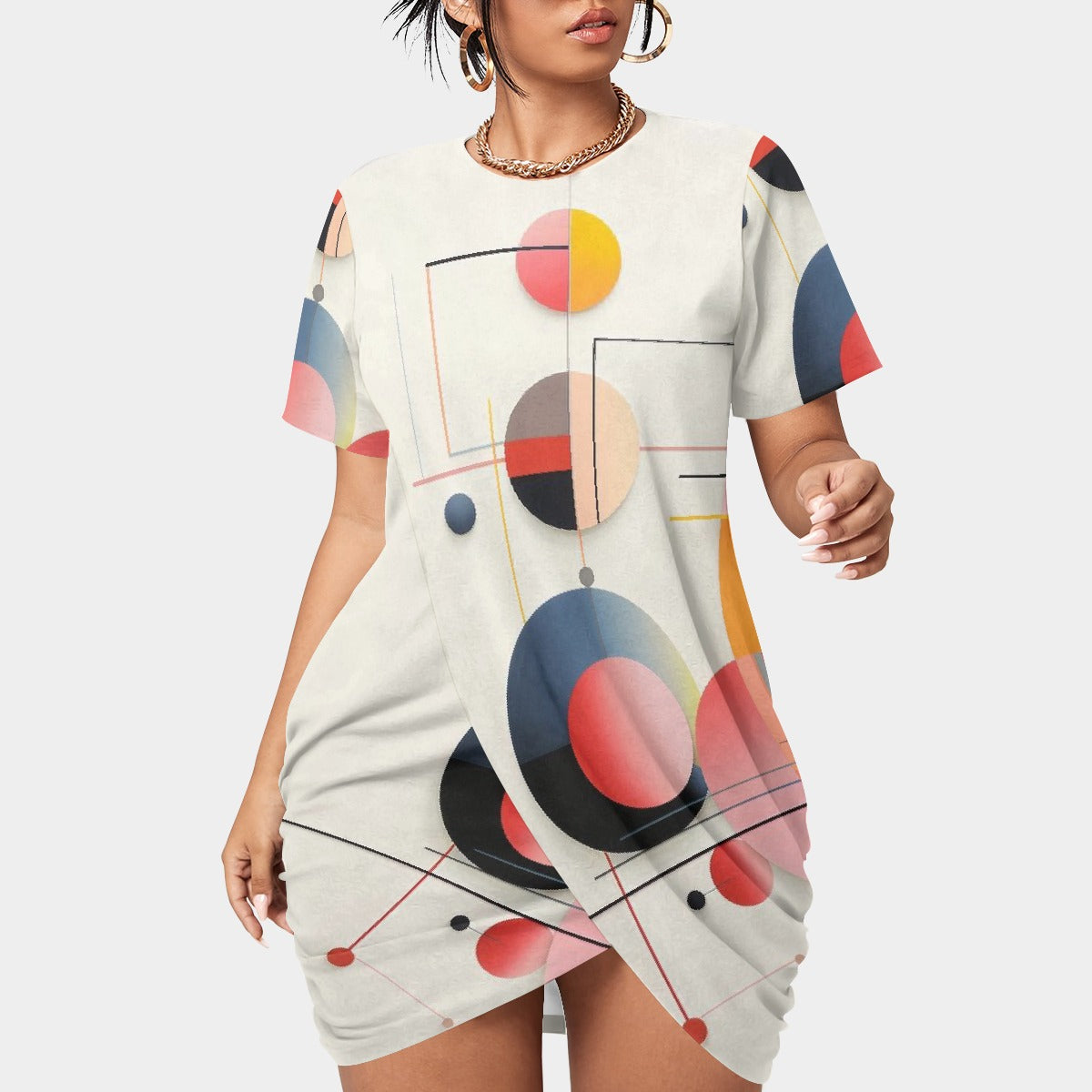 All-Over Print Women’s Stacked Hem Dress With Short Sleeve（Plus Size）