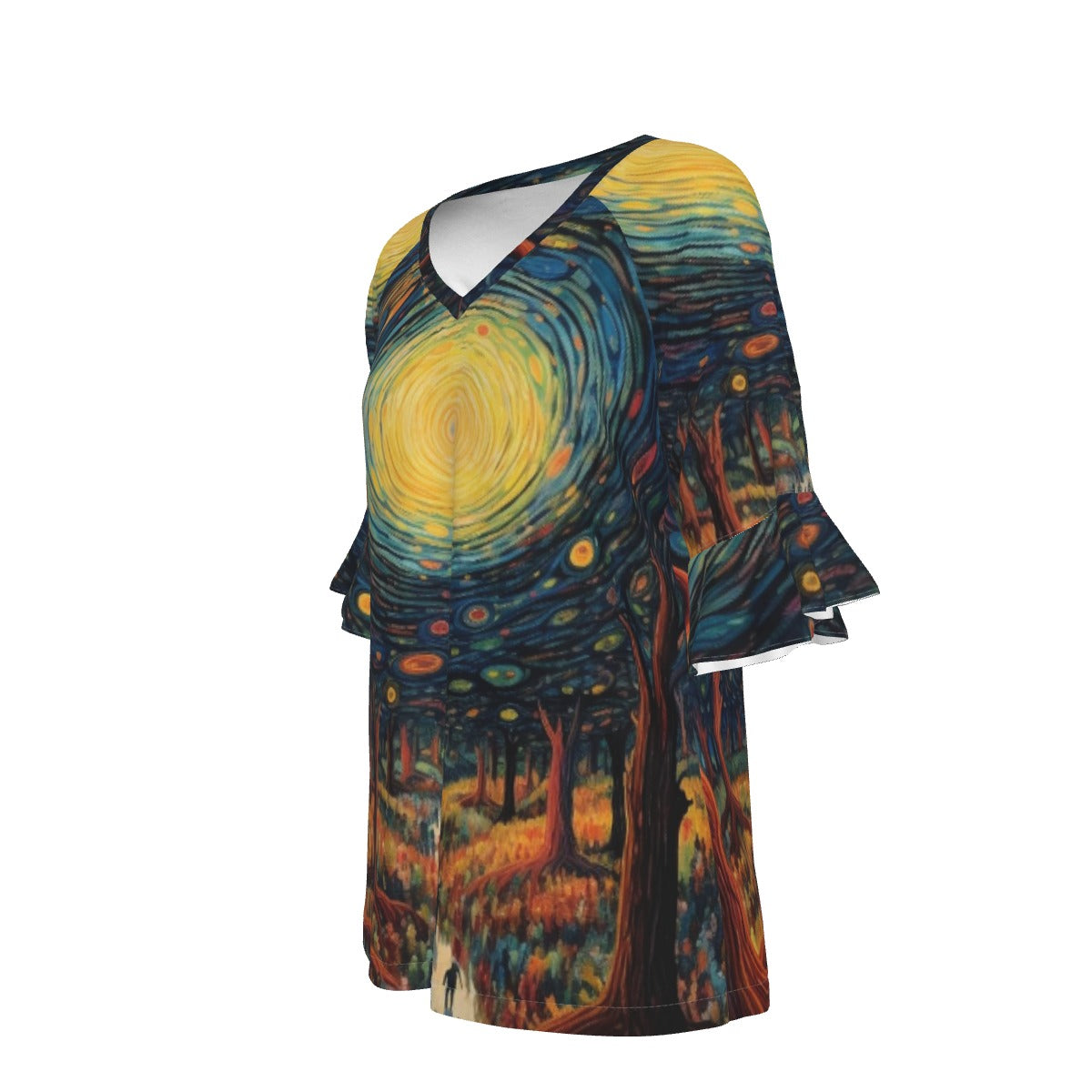 All-Over Print V-neck Women's T-shirt With Bell Sleeve