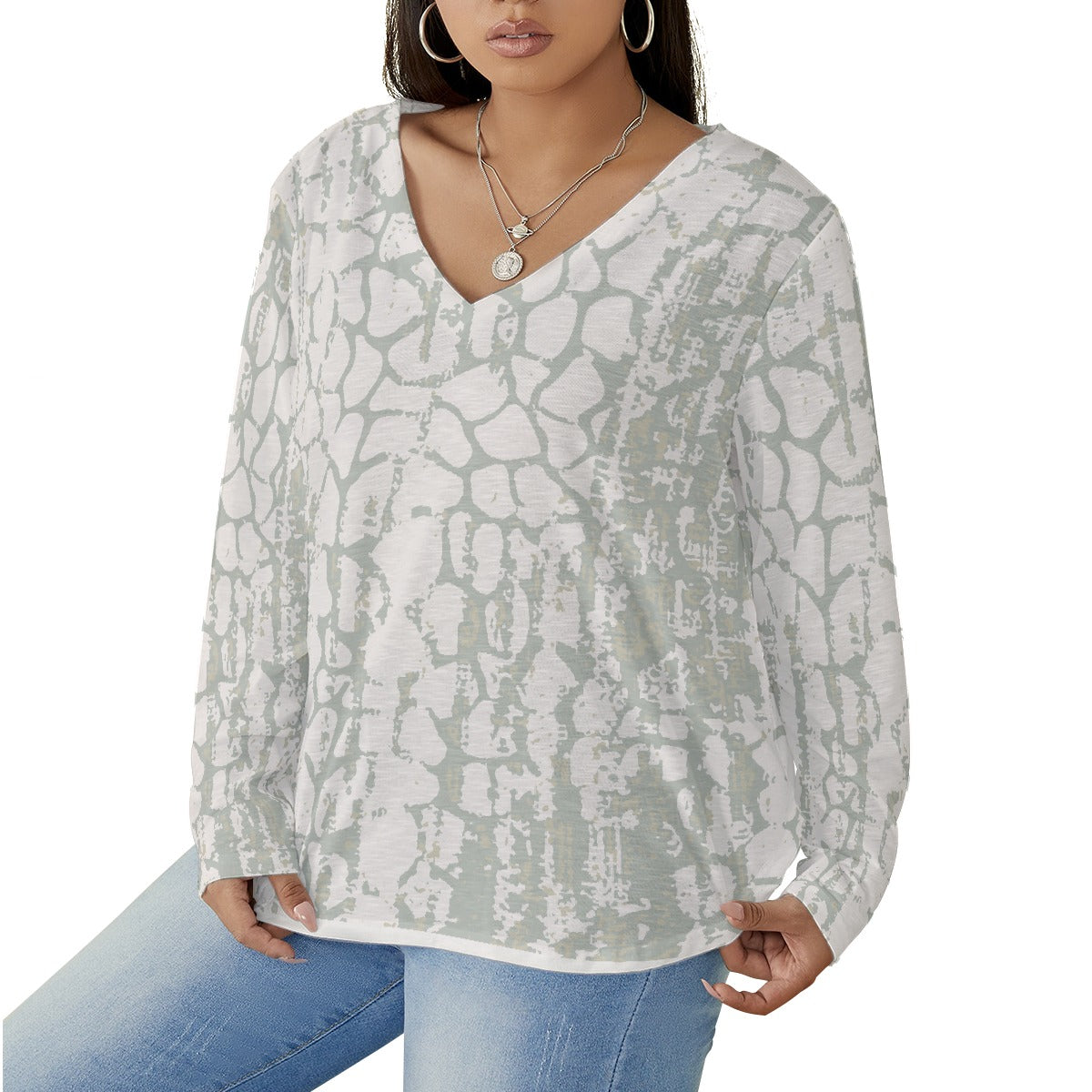 All-Over Print Women's V-neck T-shirt With Curved Hem(Plus Size)