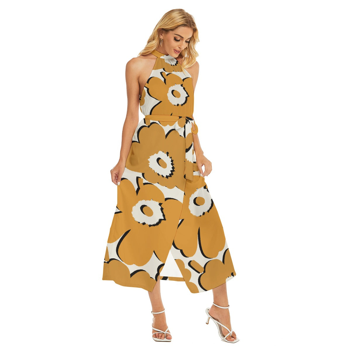 All-Over Print Women's Wrap Hem Belted Halter Dress