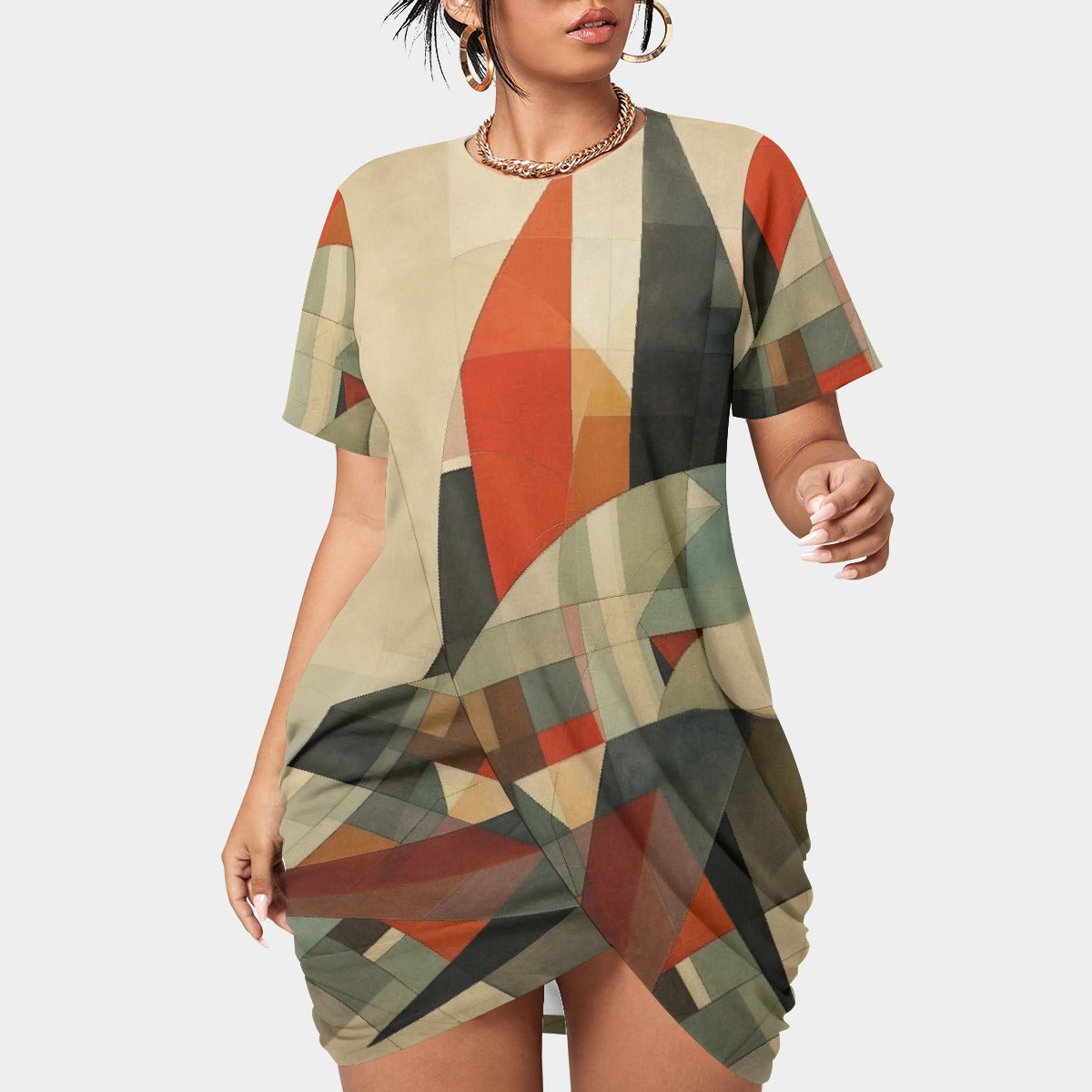 All-Over Print Women’s Stacked Hem Dress With Short Sleeve（Plus Size）