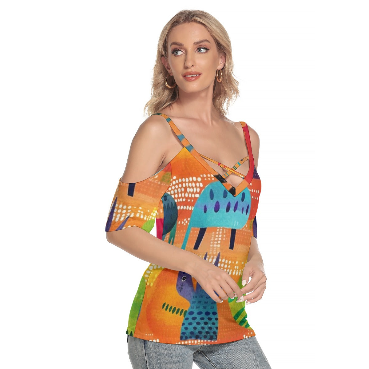 All-Over Print Women's Cold Shoulder T-shirt With Criss Cross Strips