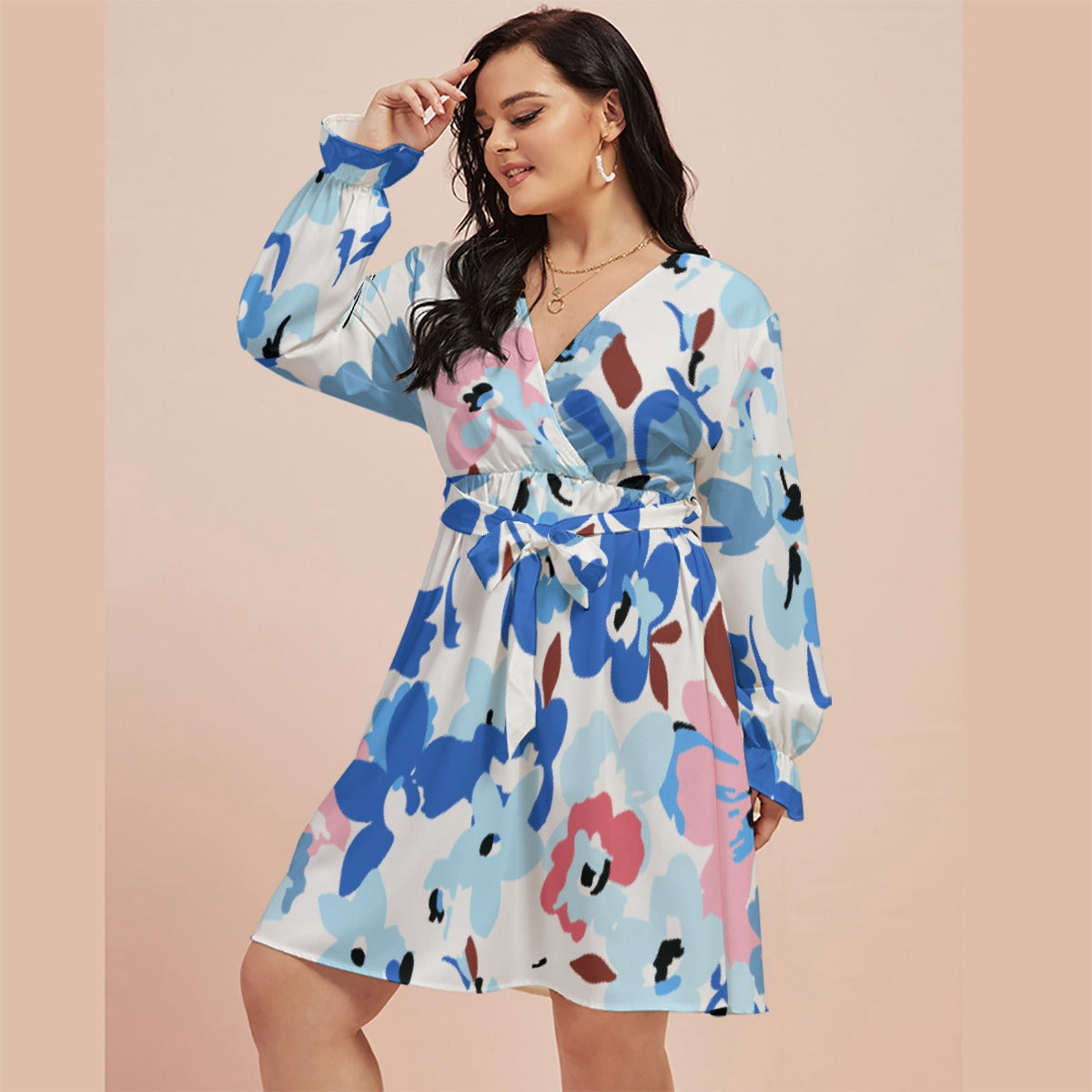 All-Over Print Women's V-neck Dress With Waistband(Plus Size)