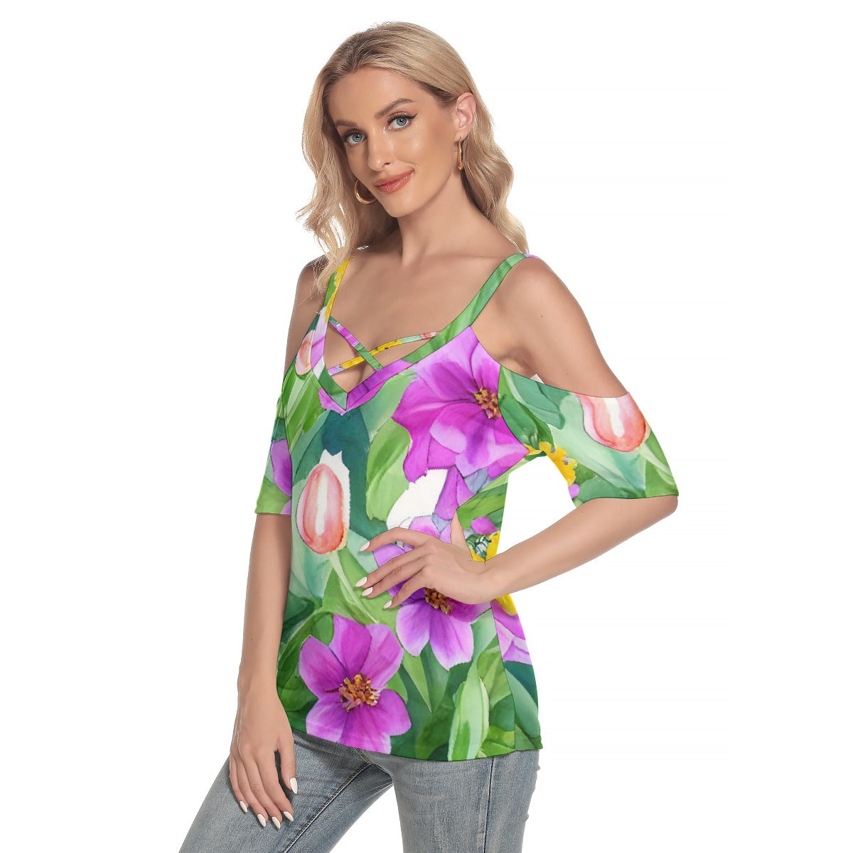 All-Over Print Women's Cold Shoulder T-shirt With Criss Cross Strips