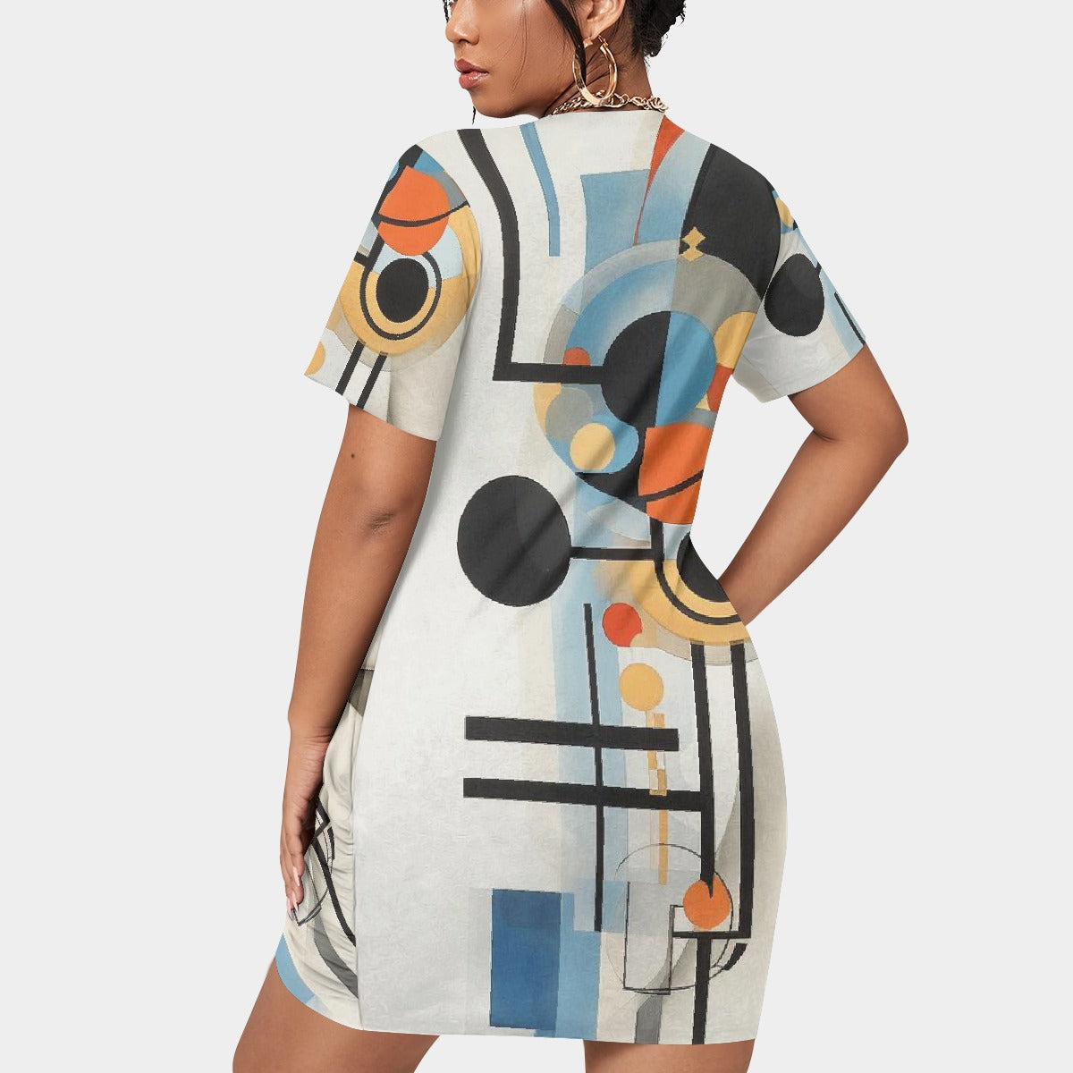 All-Over Print Women’s Stacked Hem Dress With Short Sleeve（Plus Size）