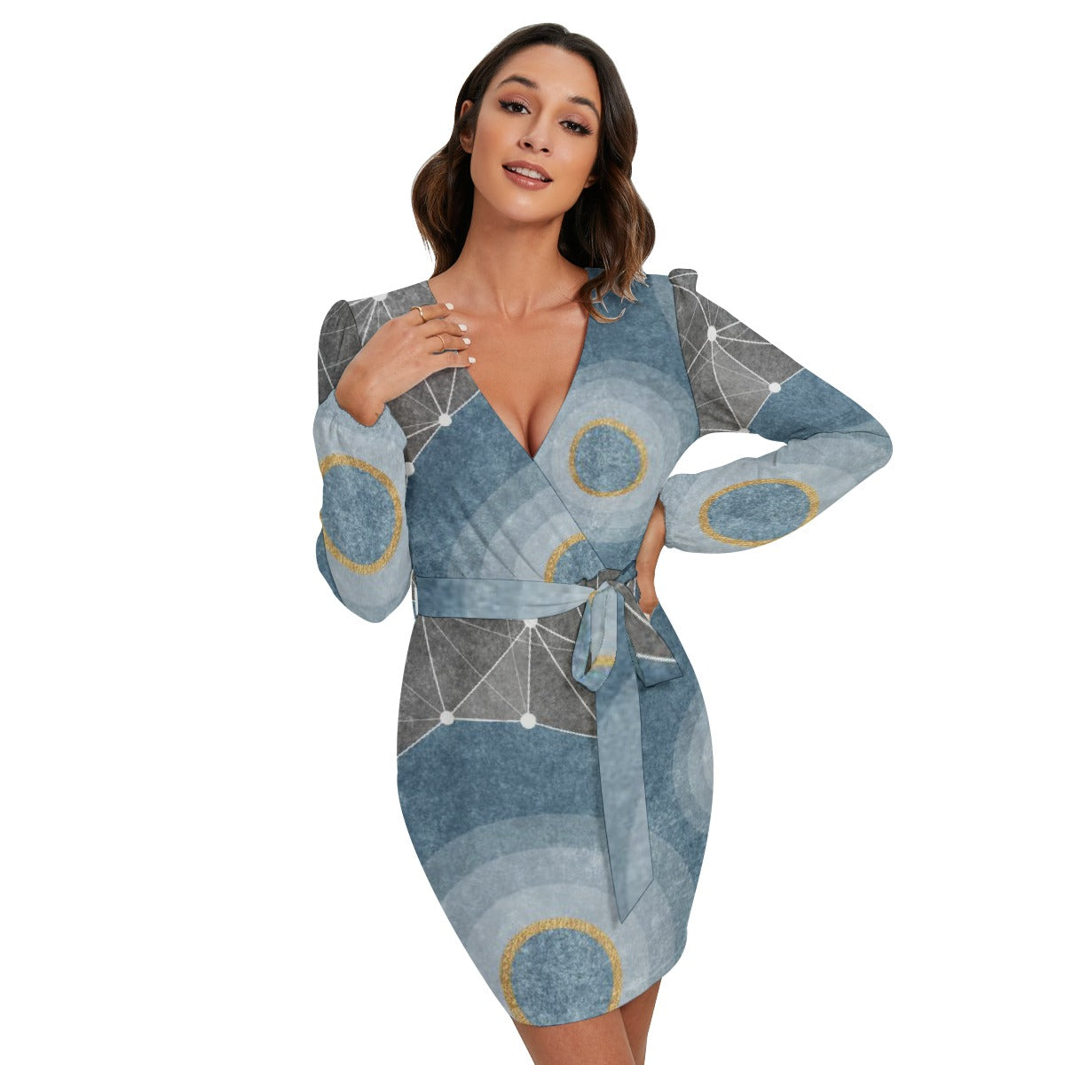 All-Over Print Women's Long Sleeve Dress With Waist Belt