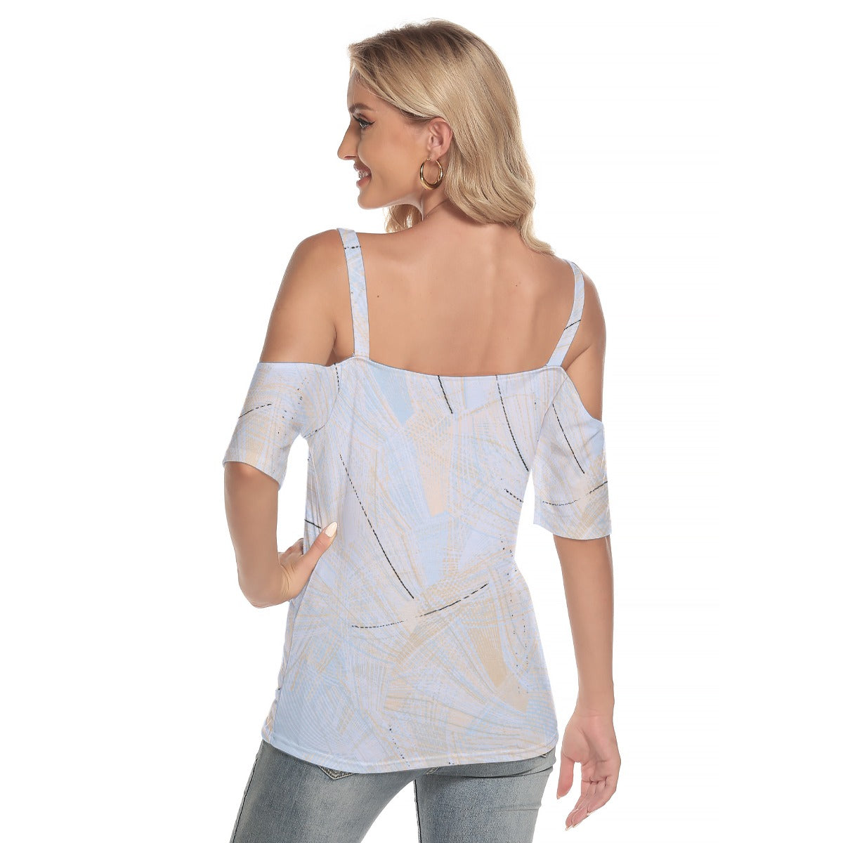 All-Over Print Women's Cold Shoulder T-shirt With Criss Cross Strips