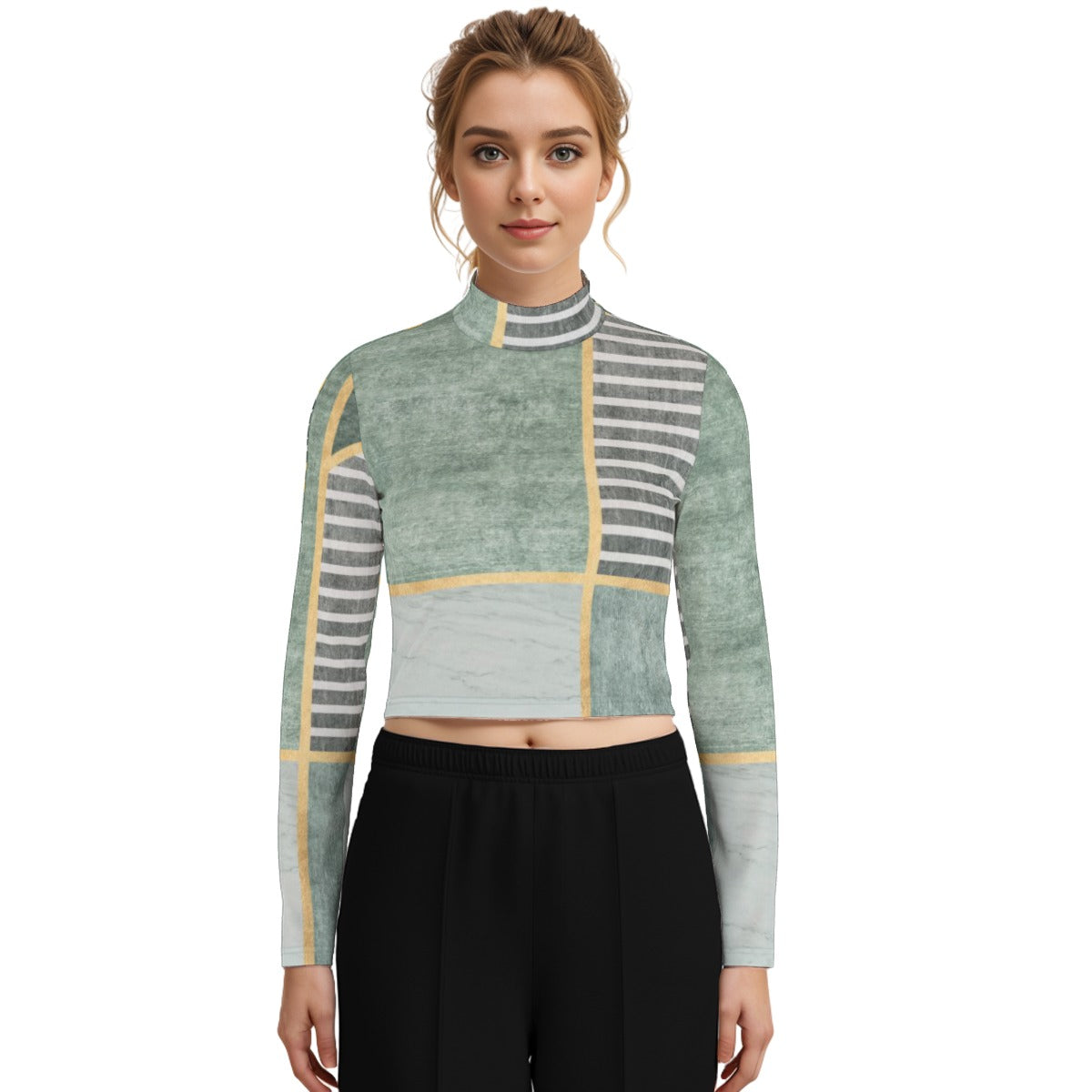 Eco-Friendly All-Over Print Women's Turtleneck T-shirt With Long Sleeve