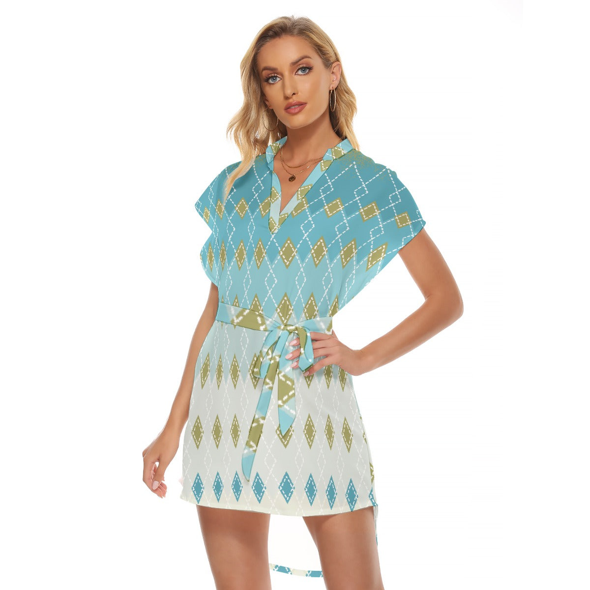 All-Over Print Women's Stand-up Collar Casual Dress With Belt