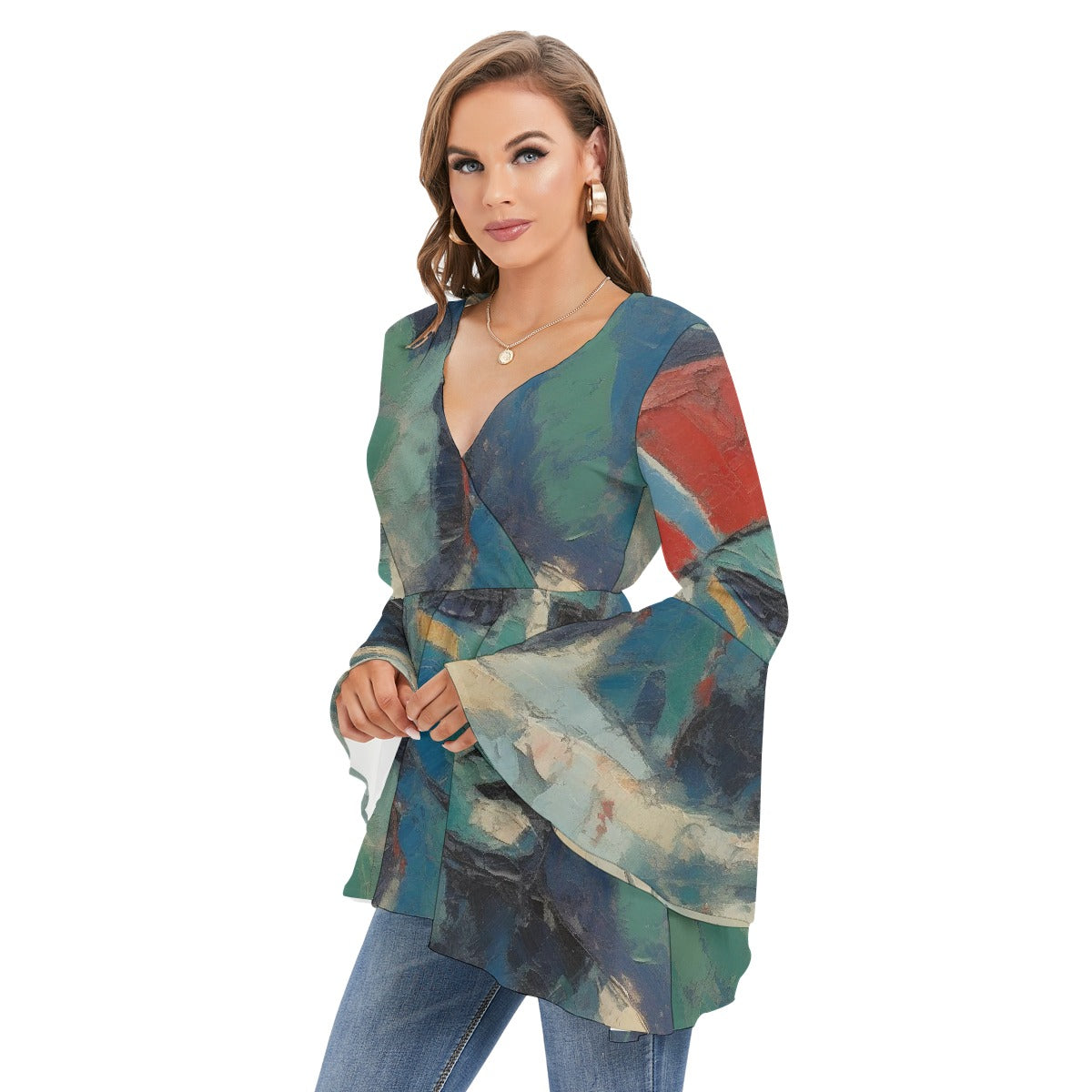 All-Over Print Women's V-neck Blouse With Flared Sleeves