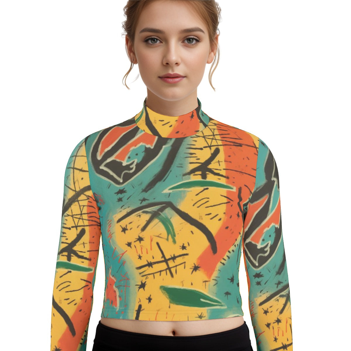 Eco-Friendly All-Over Print Women's Turtleneck T-shirt With Long Sleeve