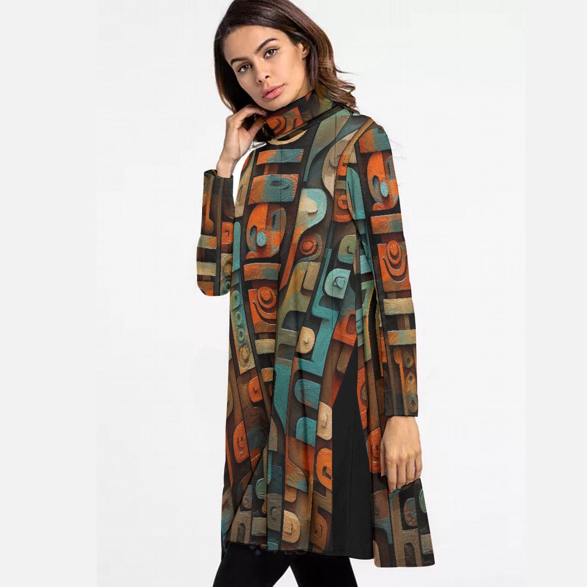 All-Over Print Women's High Neck Dress With Long Sleeve