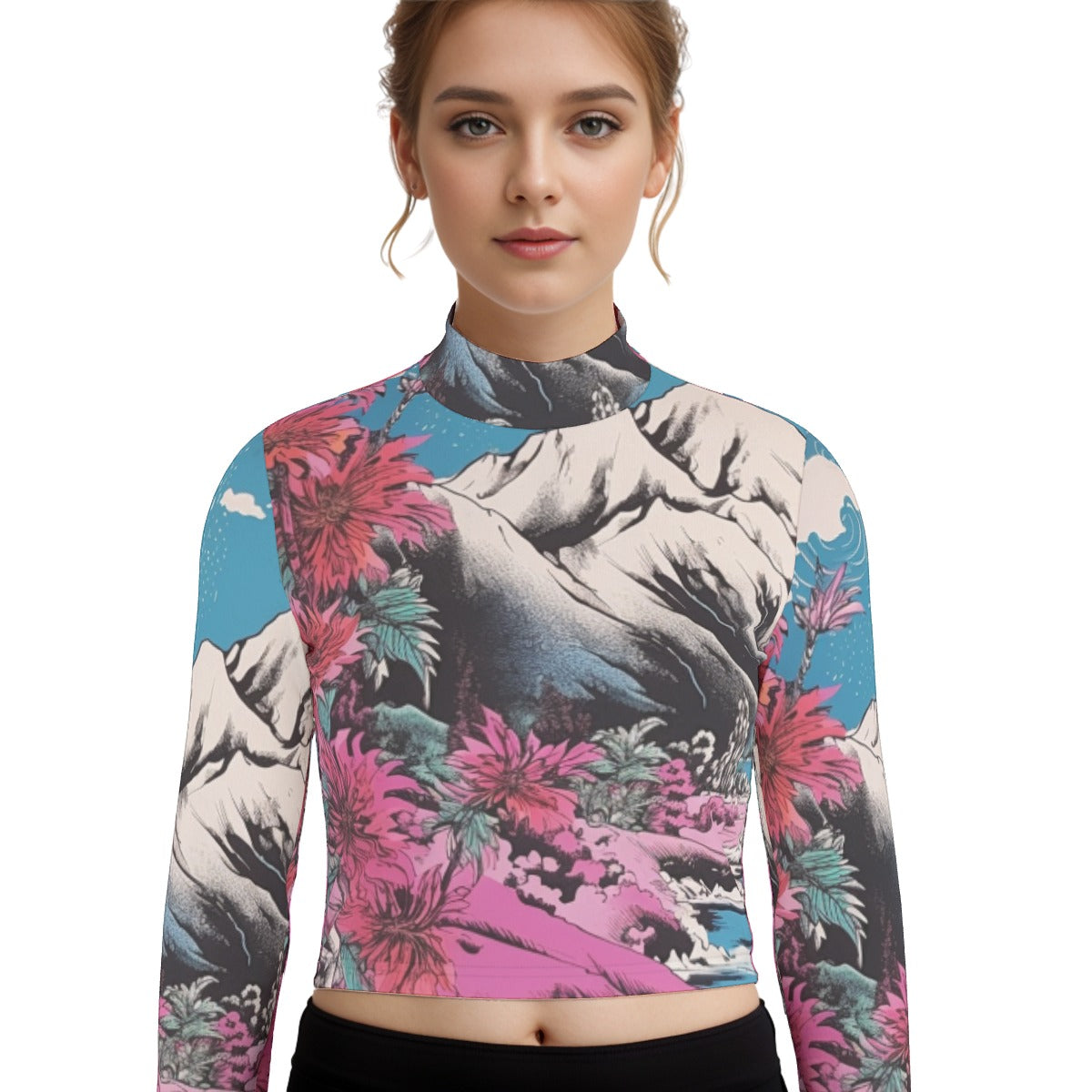 Eco-Friendly All-Over Print Women's Turtleneck T-shirt With Long Sleeve