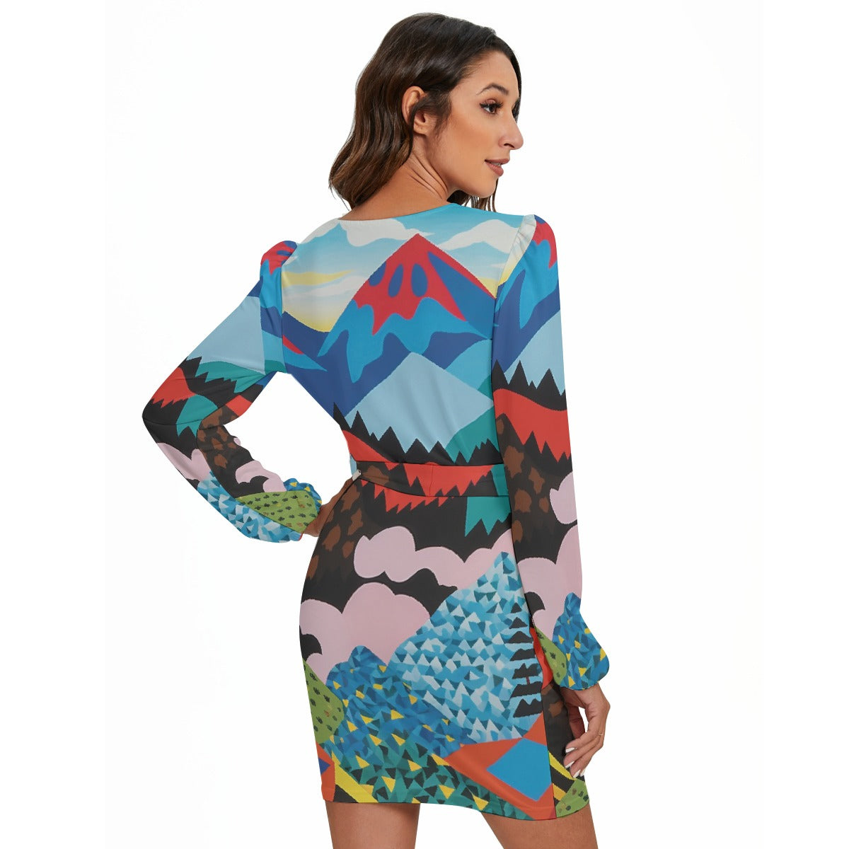 All-Over Print Women's Long Sleeve Dress With Waist Belt