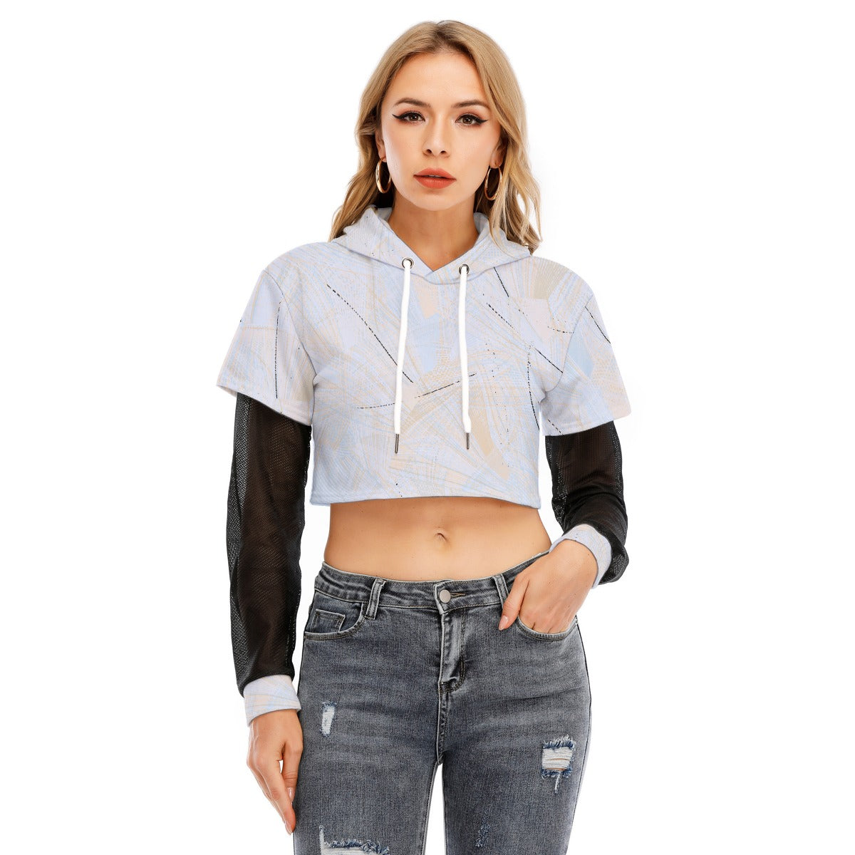 All-Over Print Women's Fake Two-piece Mesh Sleeve Cropped Hoodie