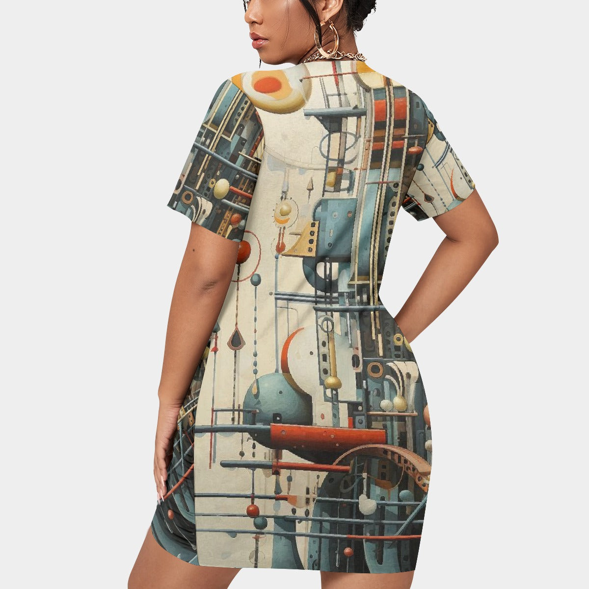 All-Over Print Women’s Stacked Hem Dress With Short Sleeve（Plus Size）