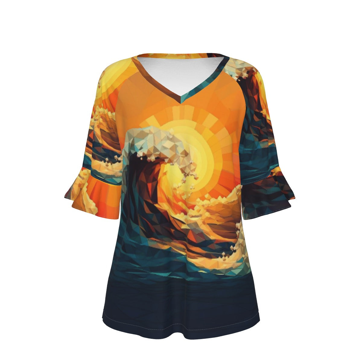 All-Over Print V-neck Women's T-shirt With Bell Sleeve