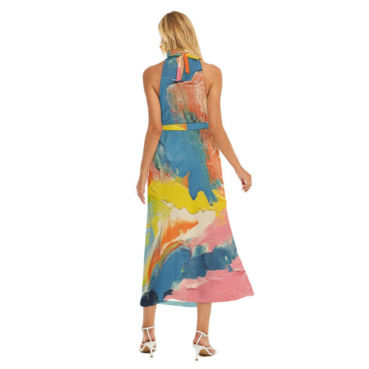 All-Over Print Women's Wrap Hem Belted Halter Dress