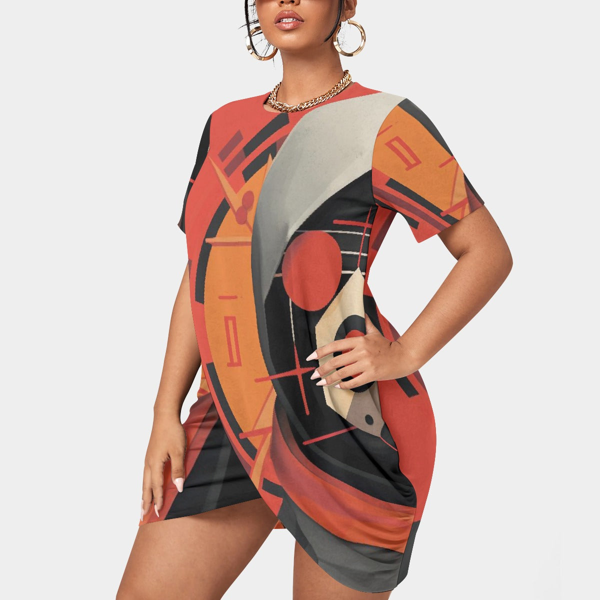 All-Over Print Women’s Stacked Hem Dress With Short Sleeve（Plus Size）