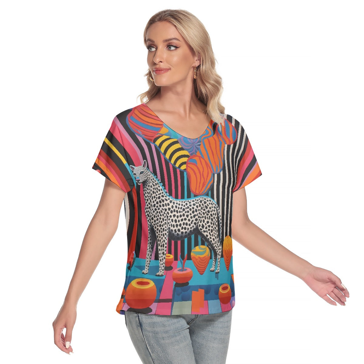 All-Over Print Women's Loose V-neck Short Sleeve T-shirt