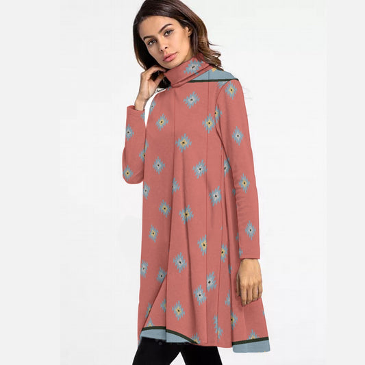 All-Over Print Women's High Neck Dress With Long Sleeve