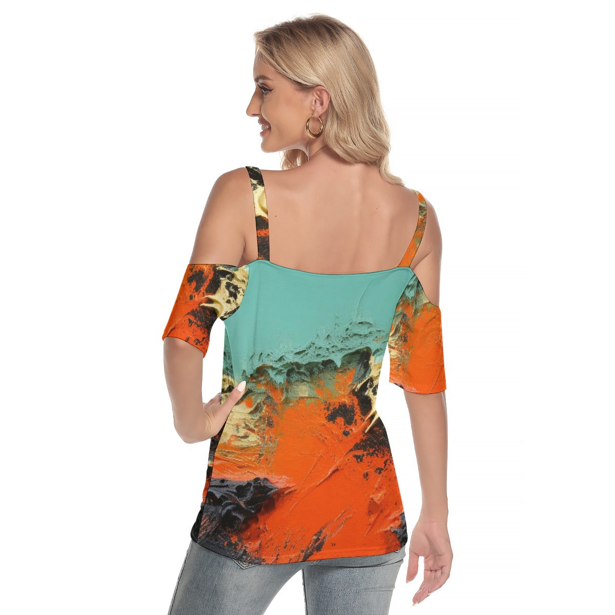 All-Over Print Women's Cold Shoulder T-shirt With Criss Cross Strips