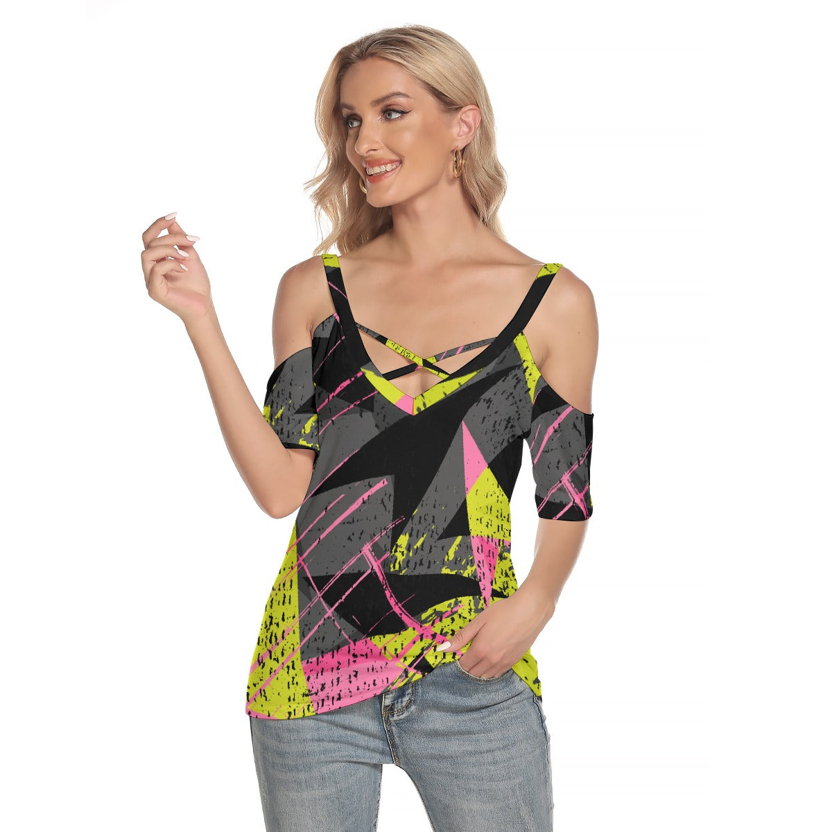 All-Over Print Women's Cold Shoulder T-shirt With Criss Cross Strips