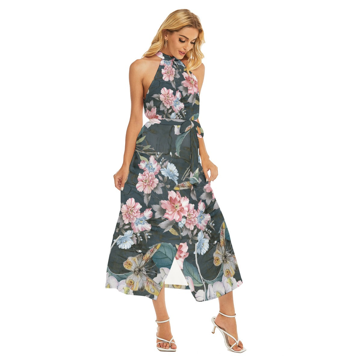 All-Over Print Women's Wrap Hem Belted Halter Dress