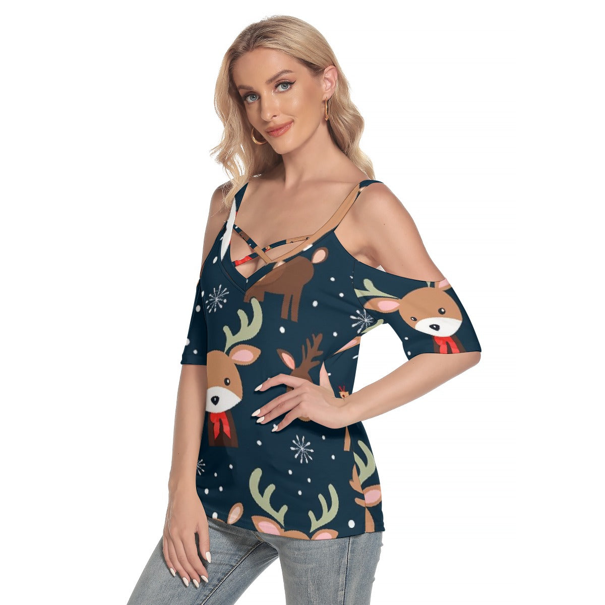 All-Over Print Women's Cold Shoulder T-shirt With Criss Cross Strips