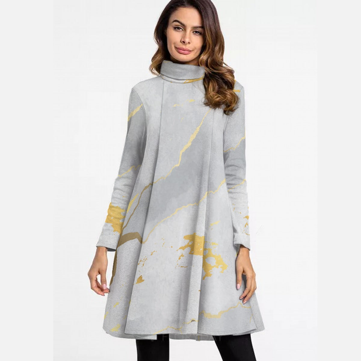 All-Over Print Women's High Neck Dress With Long Sleeve