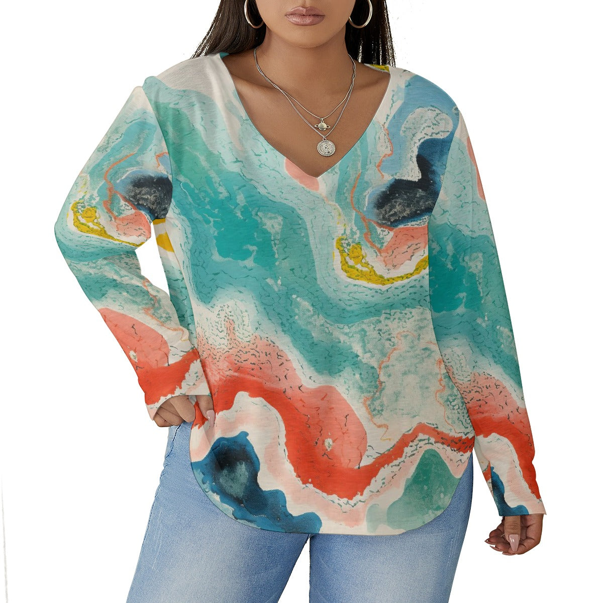 All-Over Print Women's V-neck T-shirt With Curved Hem(Plus Size)