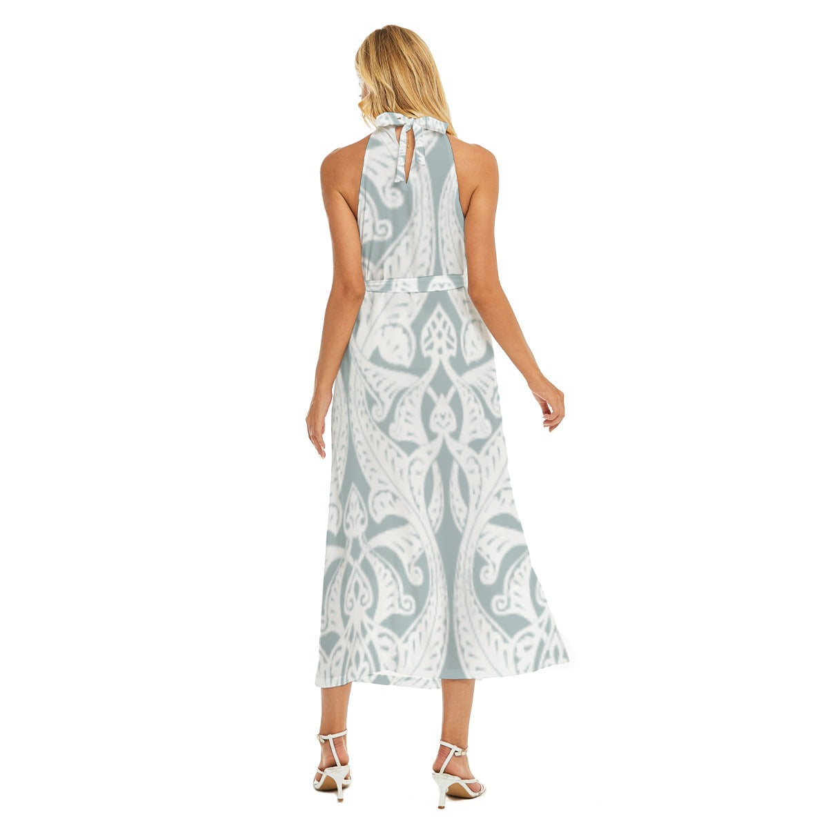 All-Over Print Women's Wrap Hem Belted Halter Dress