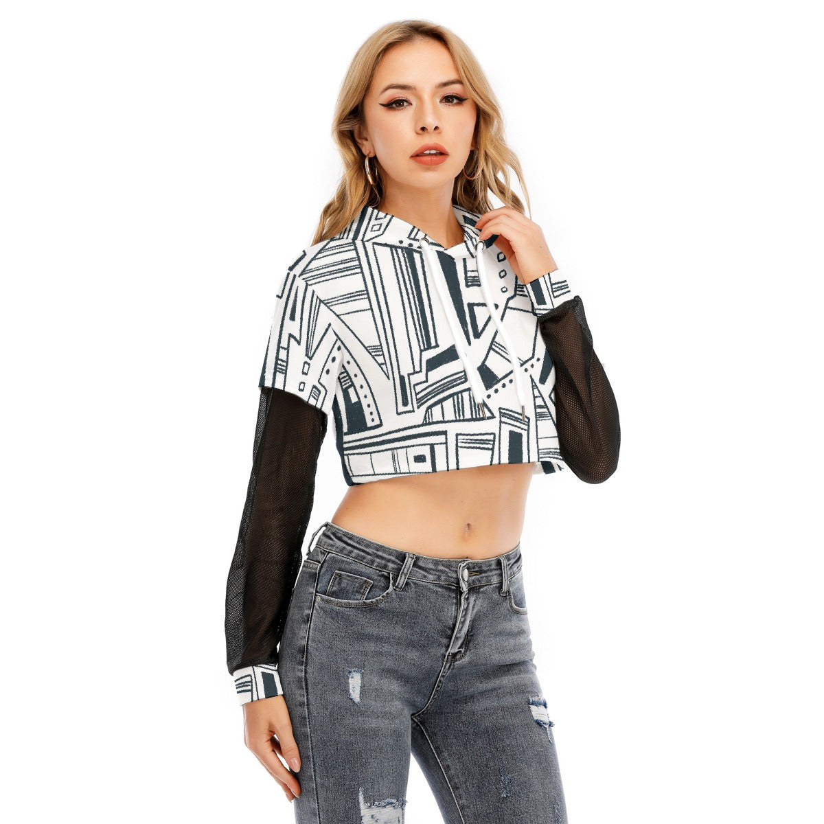 All-Over Print Women's Fake Two-piece Mesh Sleeve Cropped Hoodie