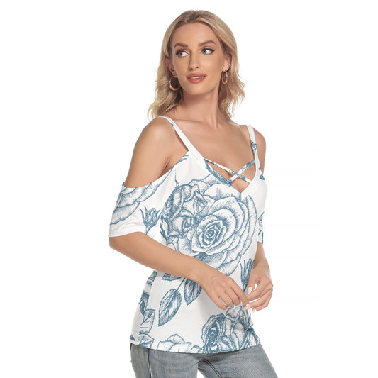 All-Over Print Women's Cold Shoulder T-shirt With Criss Cross Strips