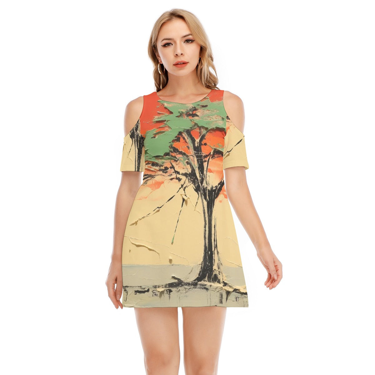 All-Over Print Women's Cold Shoulder Dress | 190GSM Cotton