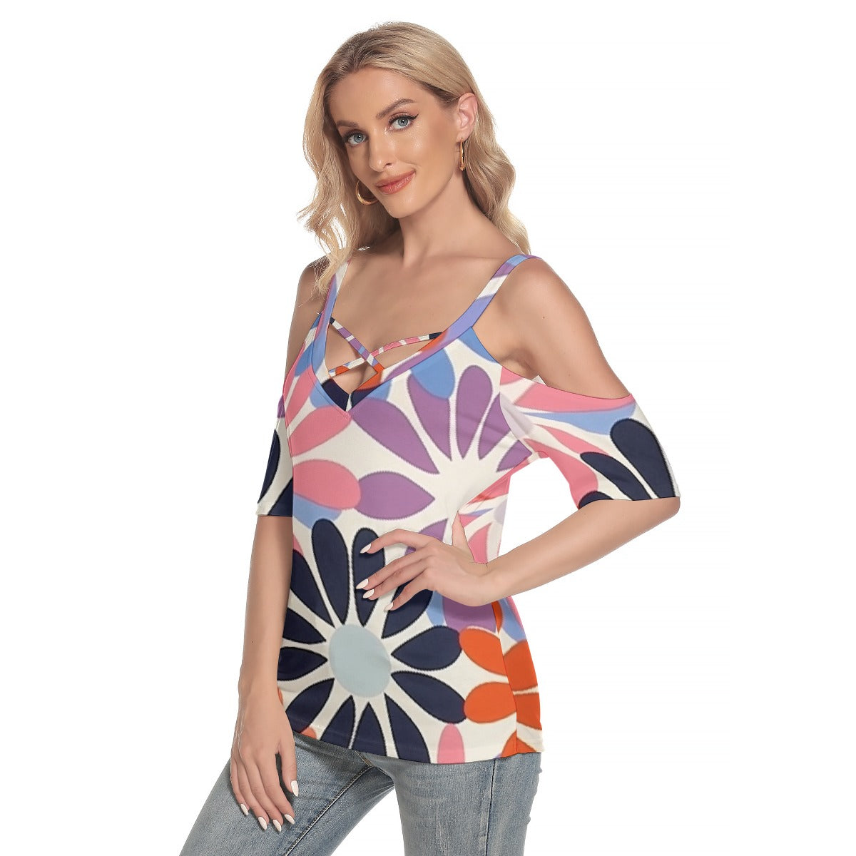 All-Over Print Women's Cold Shoulder T-shirt With Criss Cross Strips