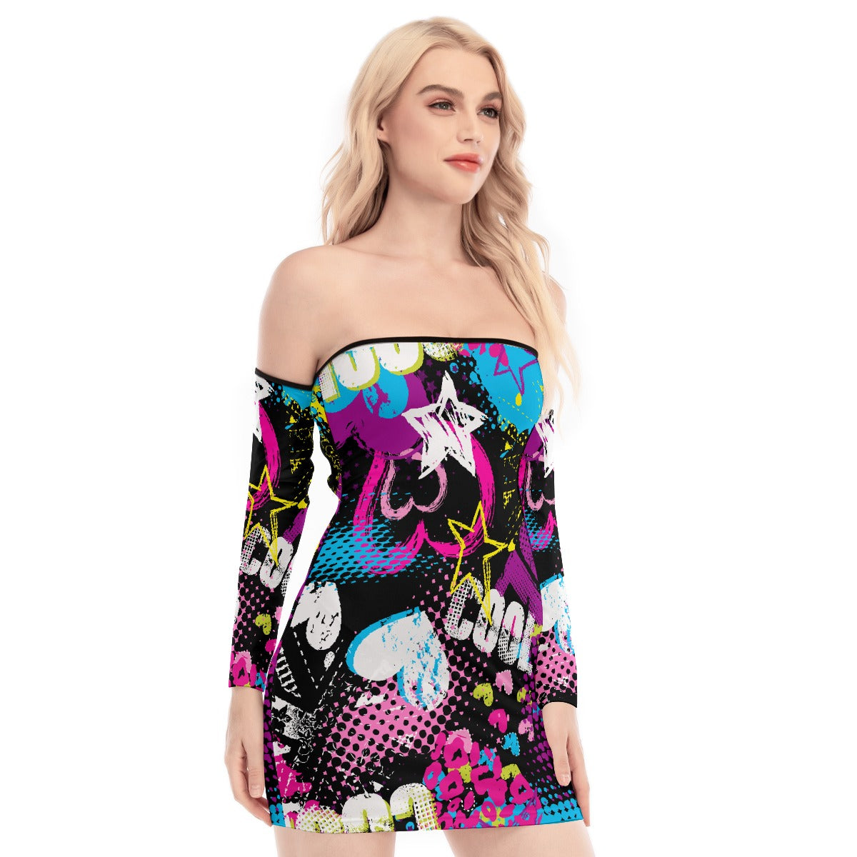 All-Over Print Women's Off-shoulder Back Lace-up Dress