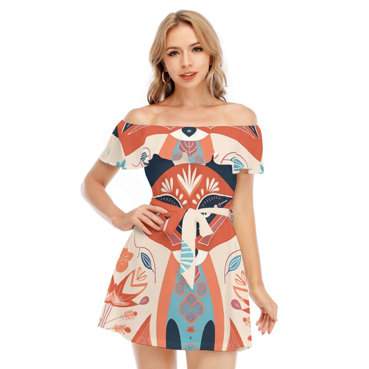 All-Over Print Women's Off-shoulder Dress With Ruffle