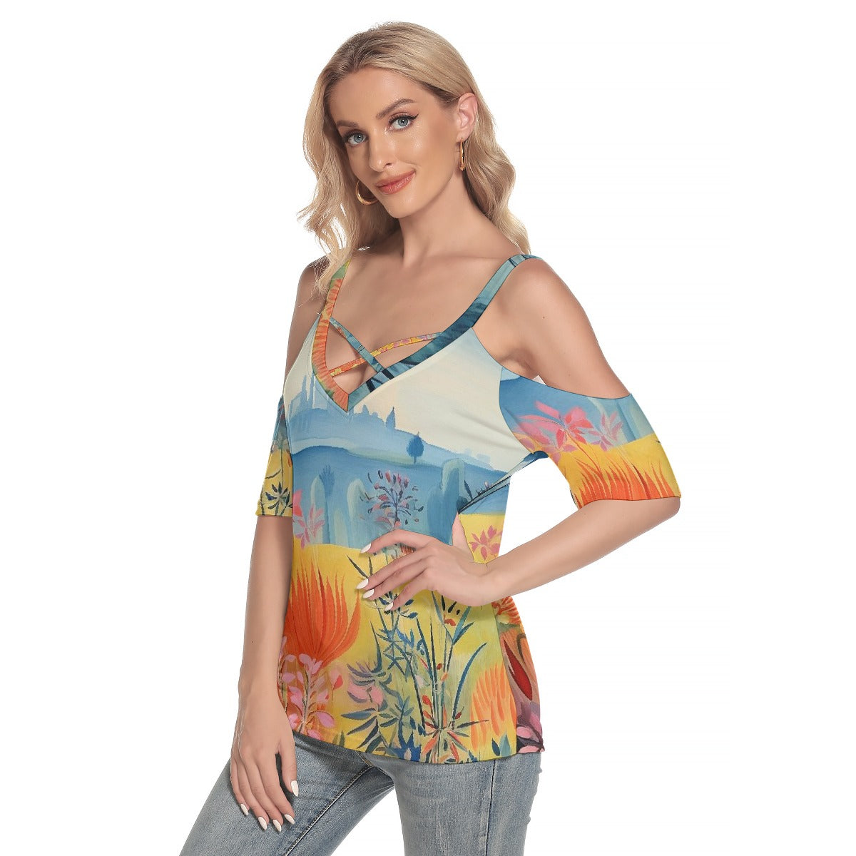 All-Over Print Women's Cold Shoulder T-shirt With Criss Cross Strips