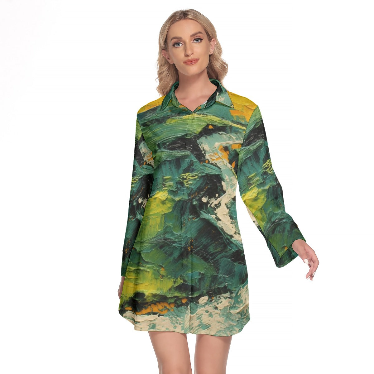 All-Over Print Women's Lapel Shirt Dress With Long Sleeve