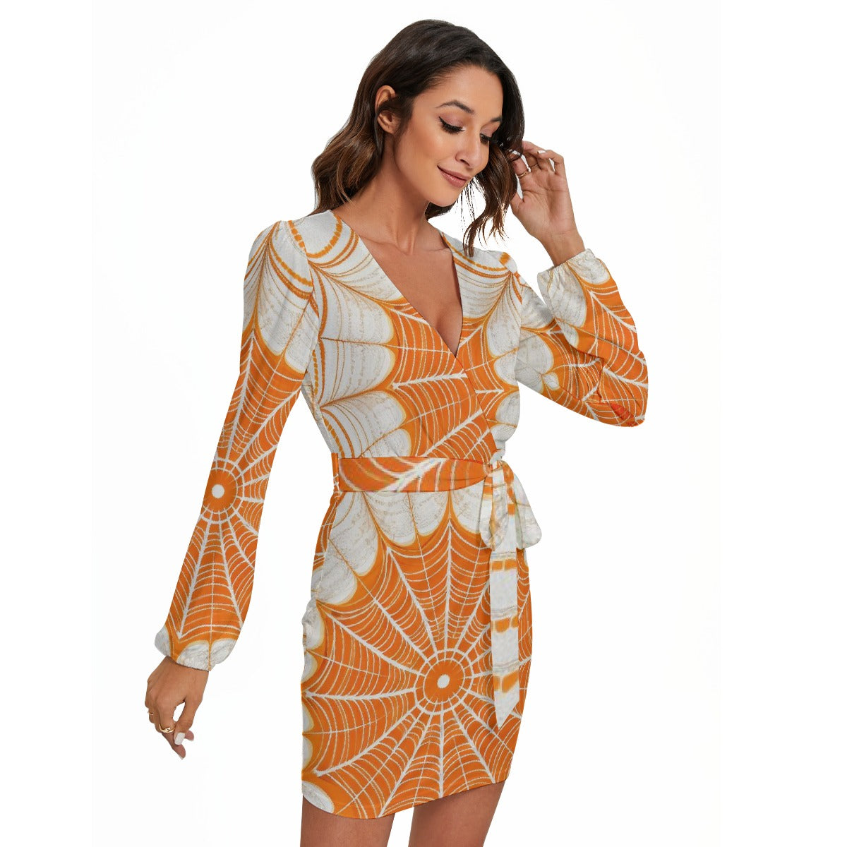 All-Over Print Women's Long Sleeve Dress With Waist Belt