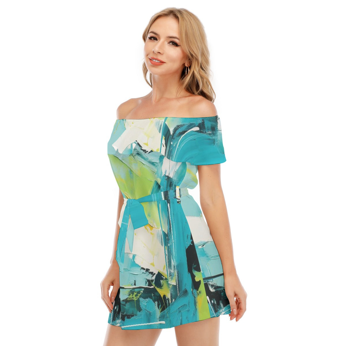 All-Over Print Women's Off-shoulder Dress With Ruffle