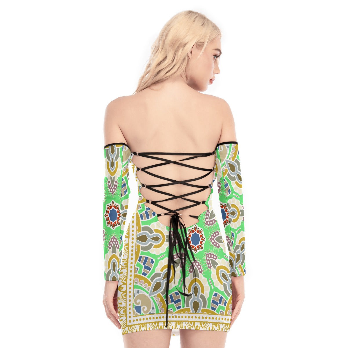 All-Over Print Women's Off-shoulder Back Lace-up Dress