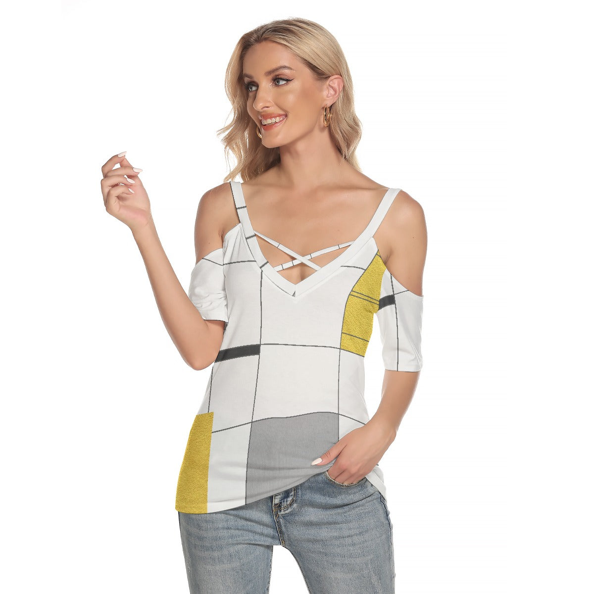 All-Over Print Women's Cold Shoulder T-shirt With Criss Cross Strips