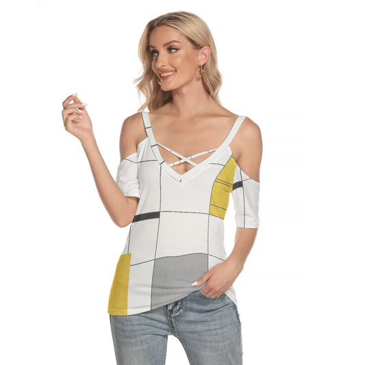 All-Over Print Women's Cold Shoulder T-shirt With Criss Cross Strips