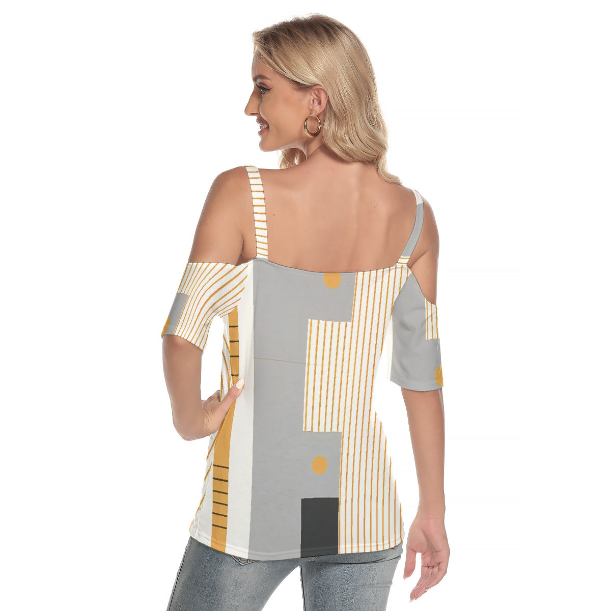 All-Over Print Women's Cold Shoulder T-shirt With Criss Cross Strips