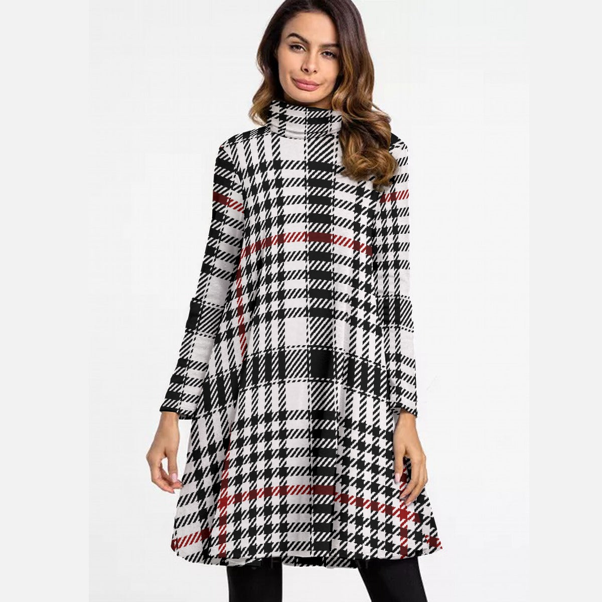 All-Over Print Women's High Neck Dress With Long Sleeve