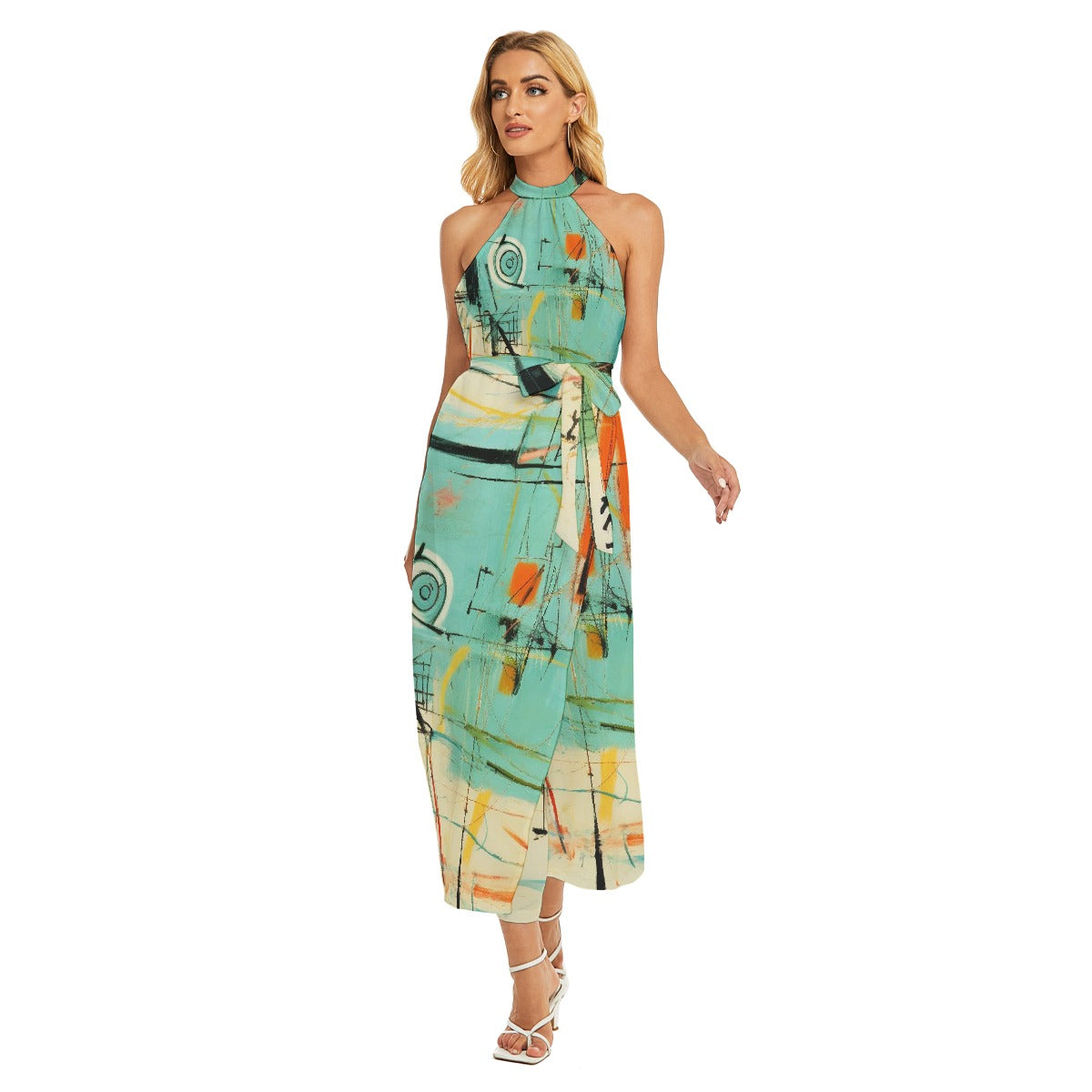 All-Over Print Women's Wrap Hem Belted Halter Dress